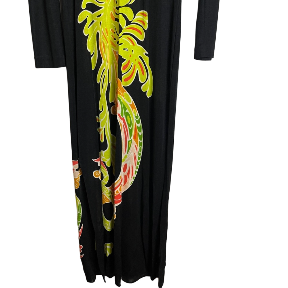 Milli Hamilton Vintage Black Dragon Print Maxi Dress Long Sleeve Canadian Luxury - Picture 4 of 12